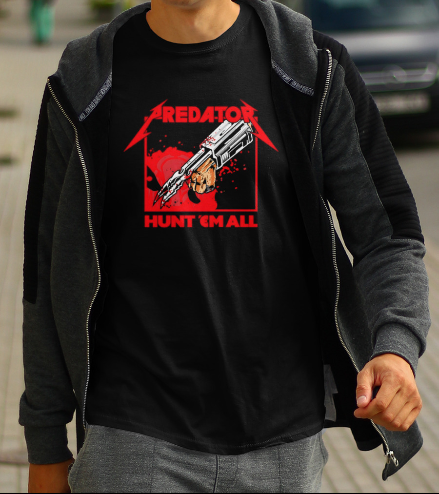 Hunt 'Em All With Iconic Predato Red Text And Weaponry T-Shirt