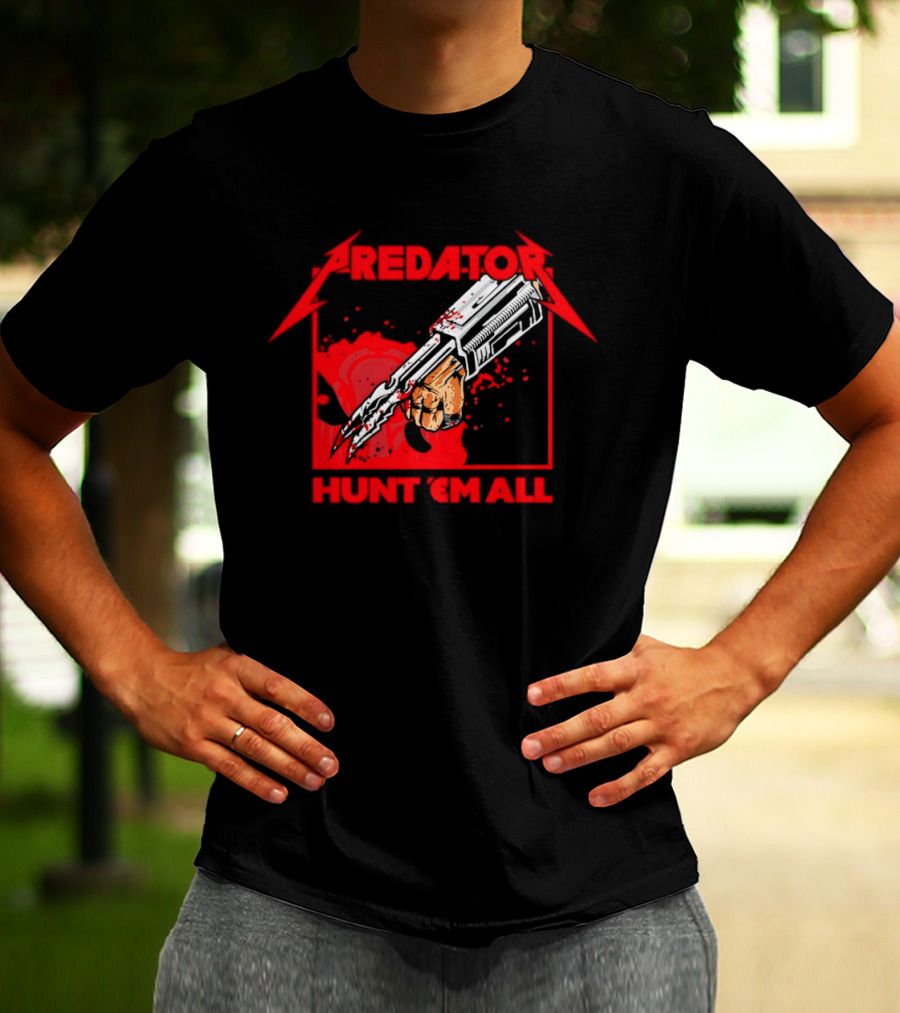 Hunt 'Em All With Iconic Predato Red Text And Weaponry T-Shirt