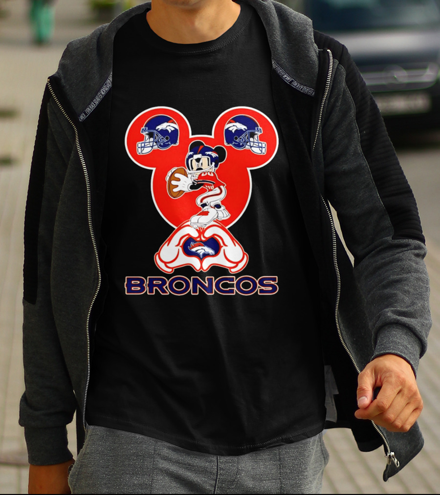 Denver Broncos Mickey Mouse Heart Hands Football Fan T-Shirt