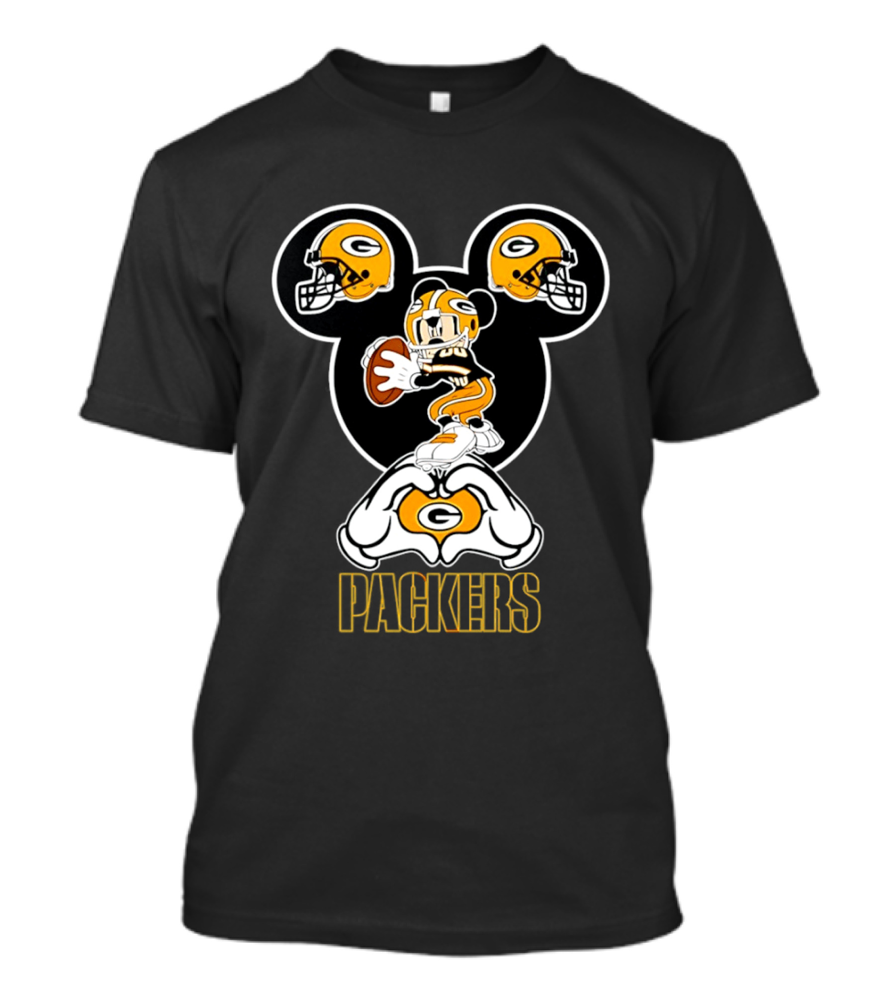 Packers Mickey Mouse Heart Hands Football Helmet T-Shirt
