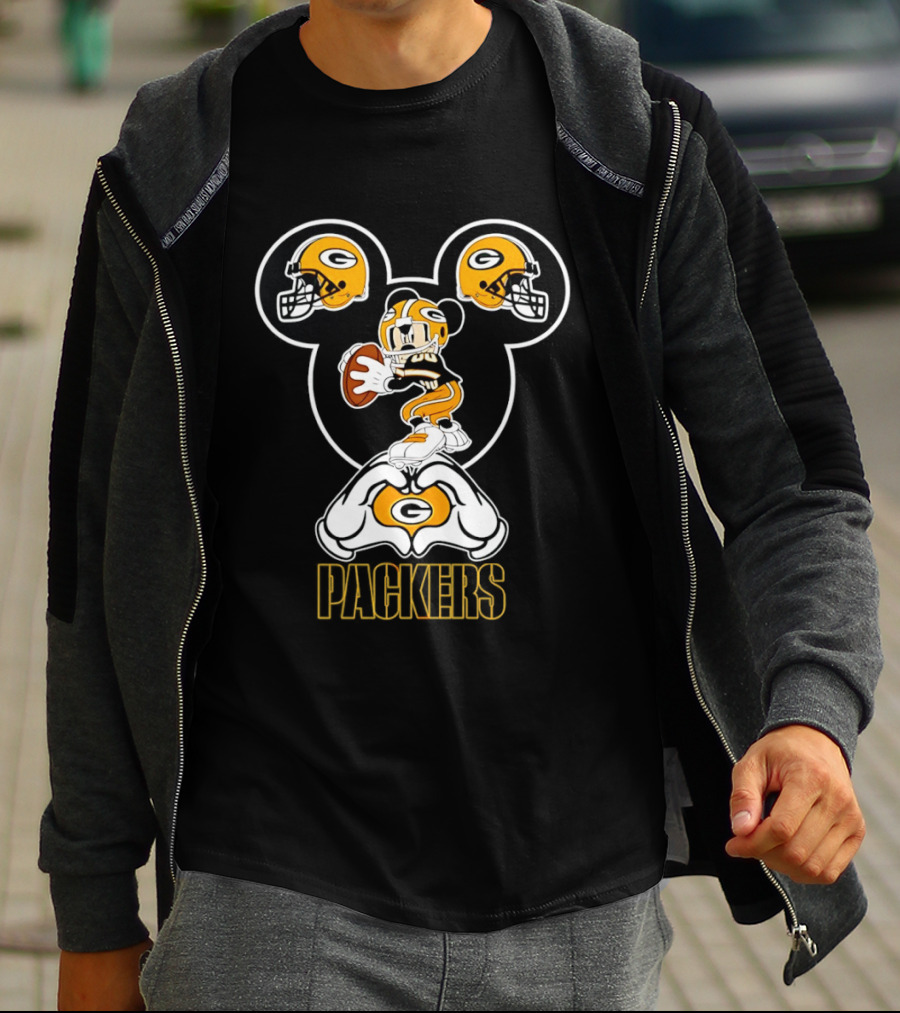 Packers Mickey Mouse Heart Hands Football Helmet T-Shirt