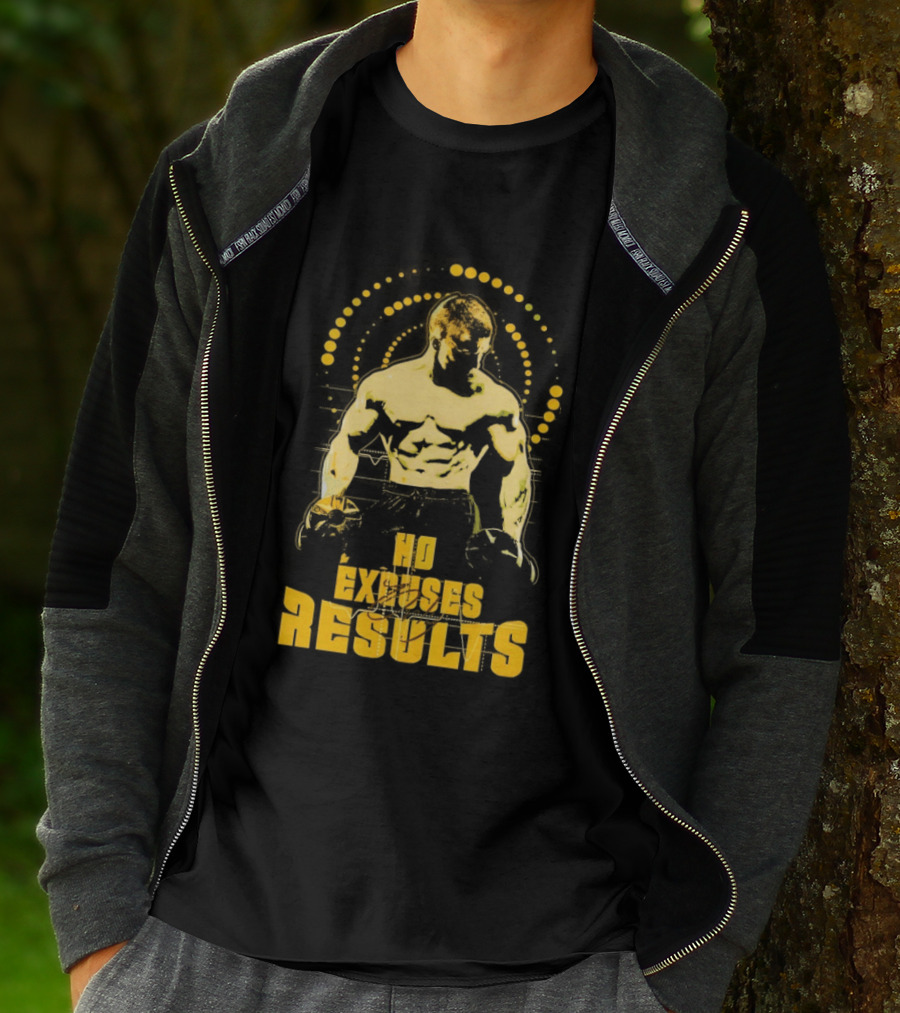 No Excuses Results Man Holding Dumbbell Strength Motivation T-Shirt