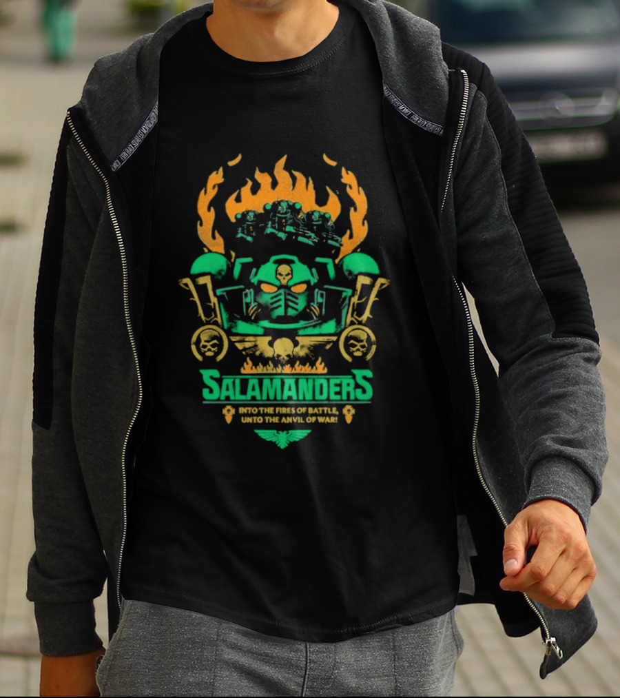 Salamanders Warhammer Into The Fires Of Battle Unto The Anvil Of War Flames And Skulls T-Shirt