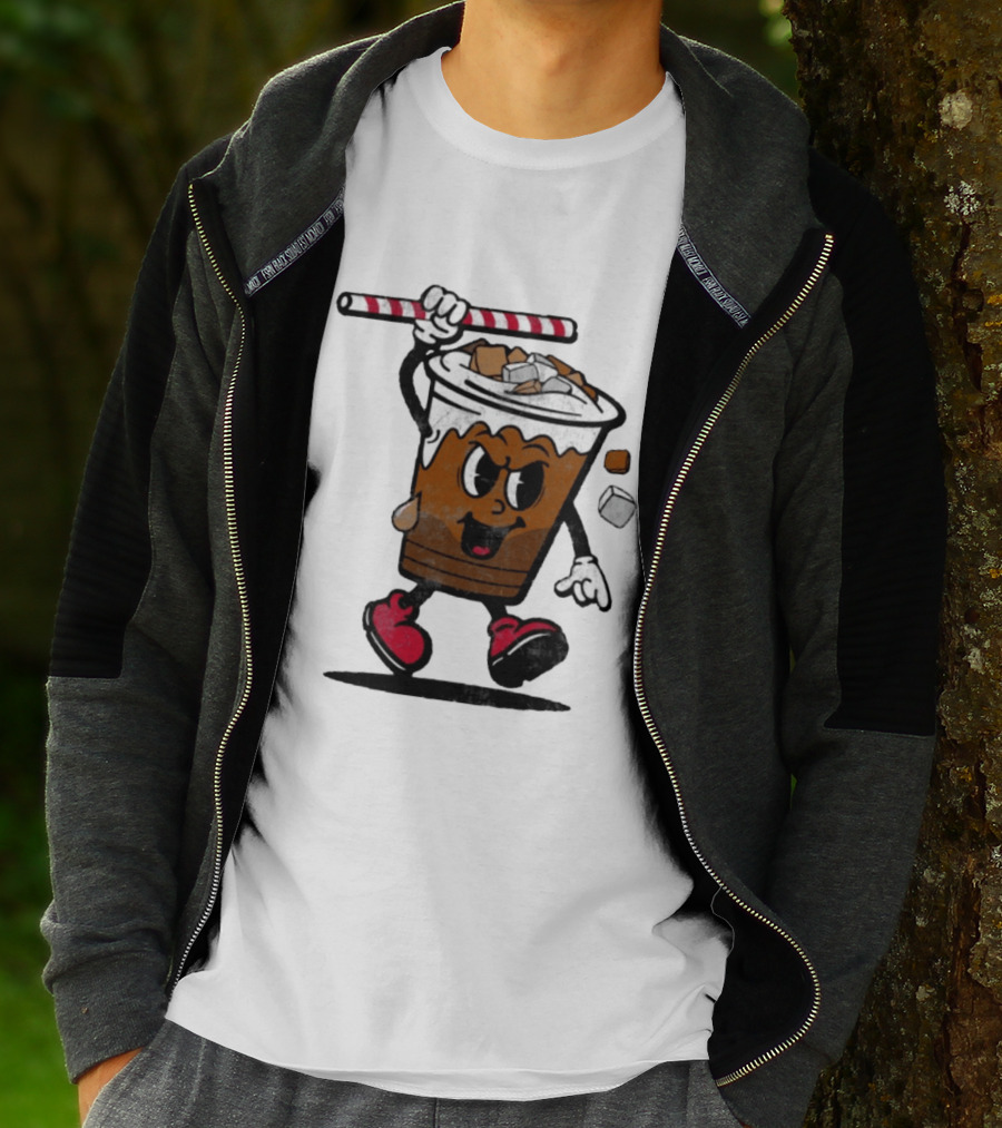 Reading Iced Coffees Cartoon Cup Character Fun T-Shirt