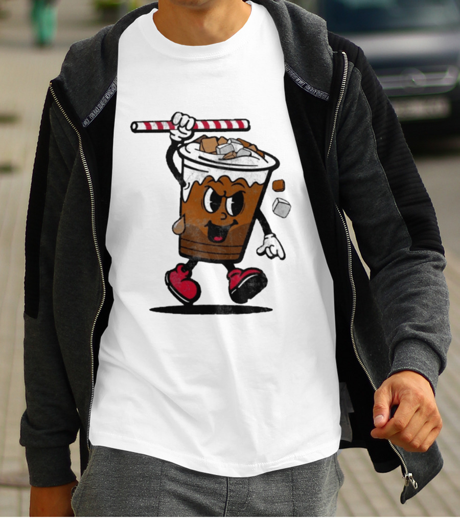 Reading Iced Coffees Cartoon Cup Character Fun T-Shirt