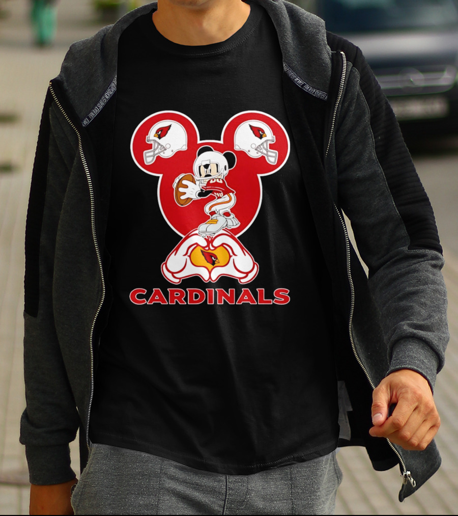 Arizona Cardinals Mickey Mouse Heart Hands Football Helmets T-Shirt