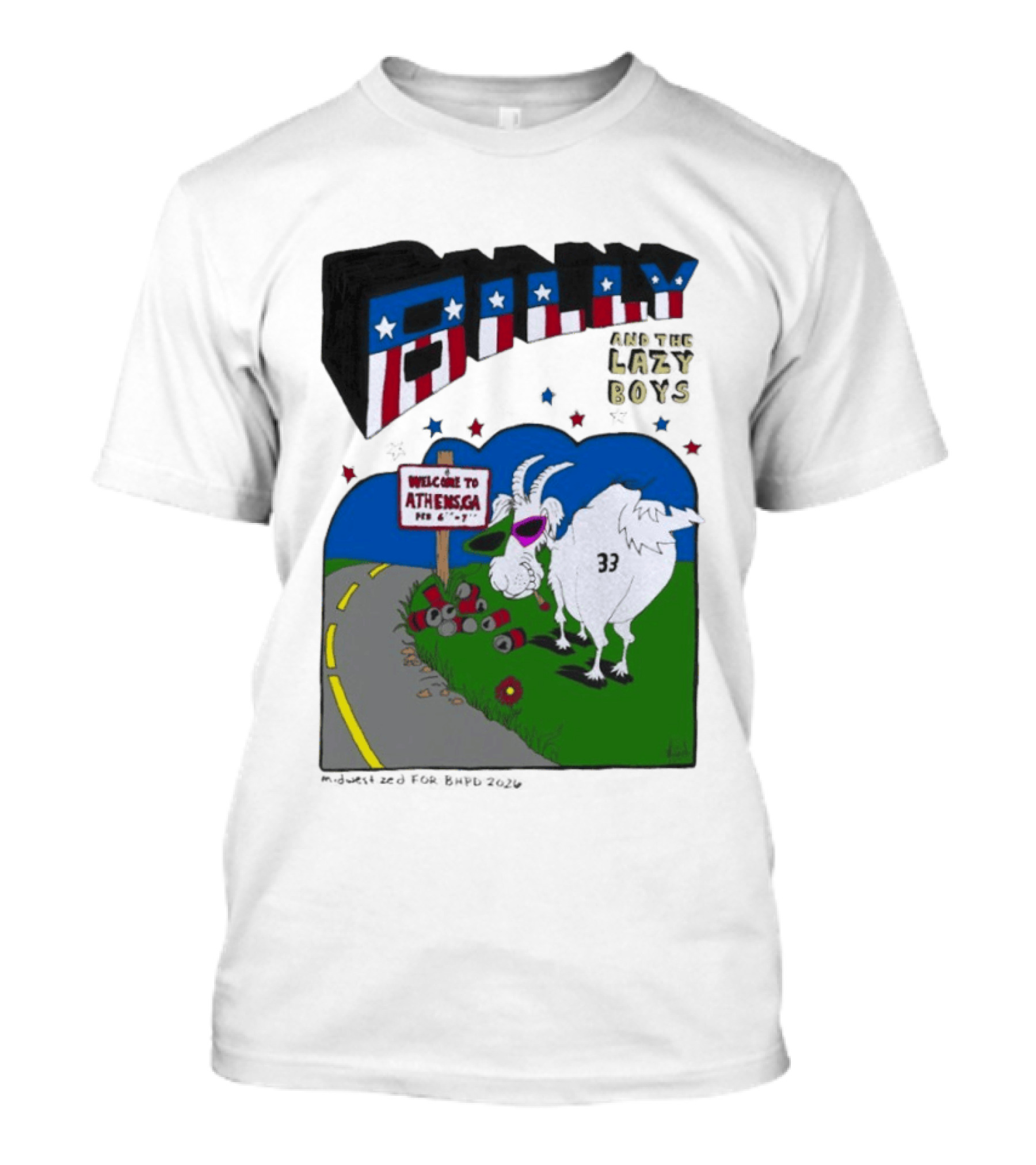 Billy And The Lazy Boys Athens GA Goat With Sunglasses Number 33 Welcome To Athens Sign T-Shirt