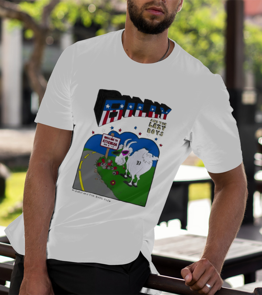 Billy And The Lazy Boys Athens GA Goat With Sunglasses Number 33 Welcome To Athens Sign T-Shirt