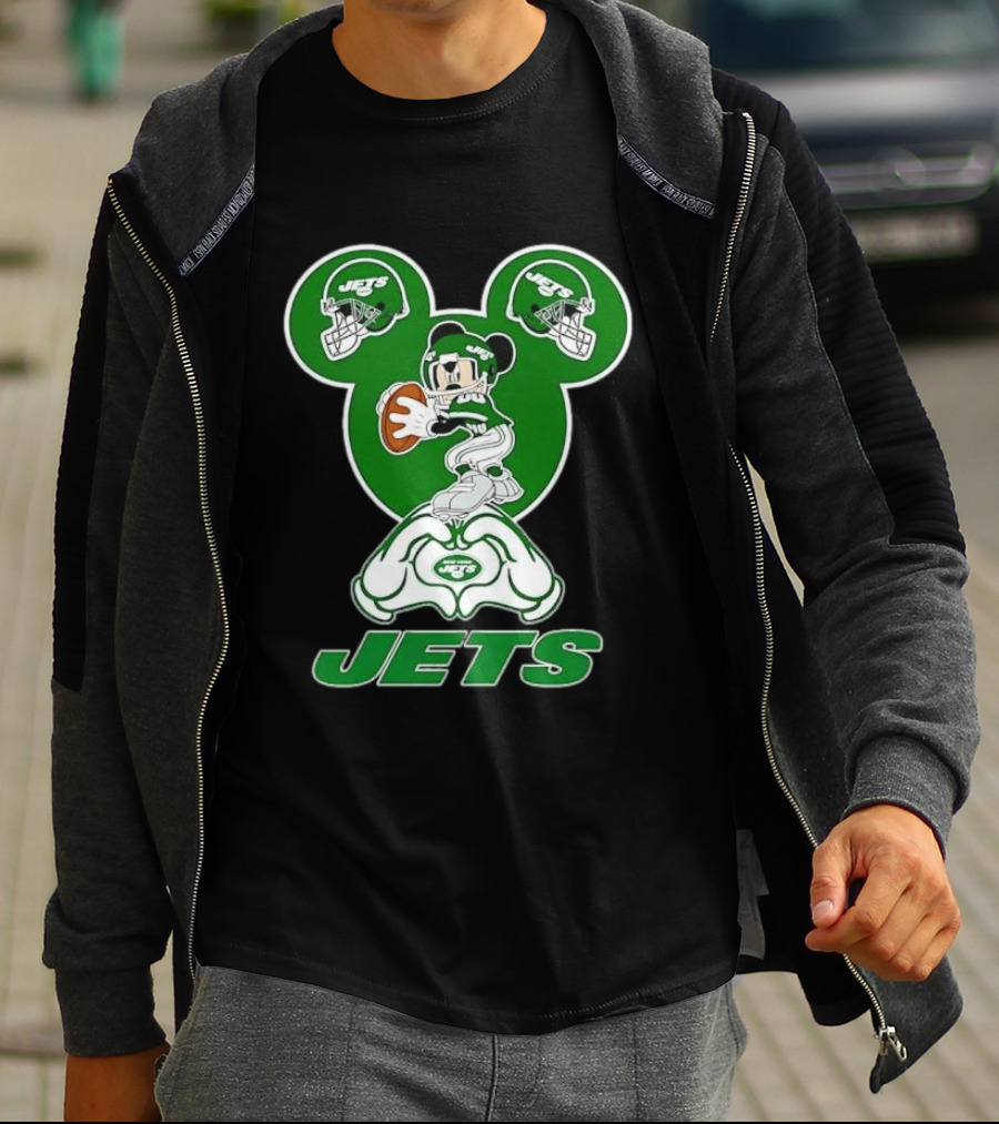 New York Jets Mickey Mouse Football Heart Hands T-Shirt