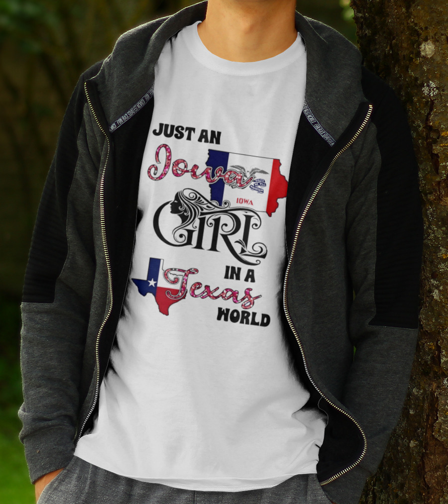 Just An Iowa Girl In A Texas World Map Silhouette Stars And Stripes T-Shirt
