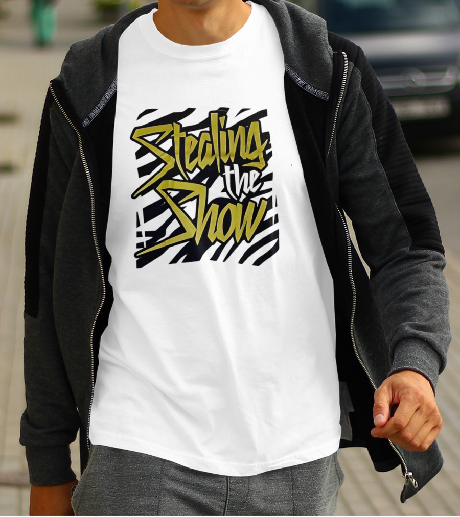 Stealing The Show Bold Graffiti Style Text On Striped T-Shirt