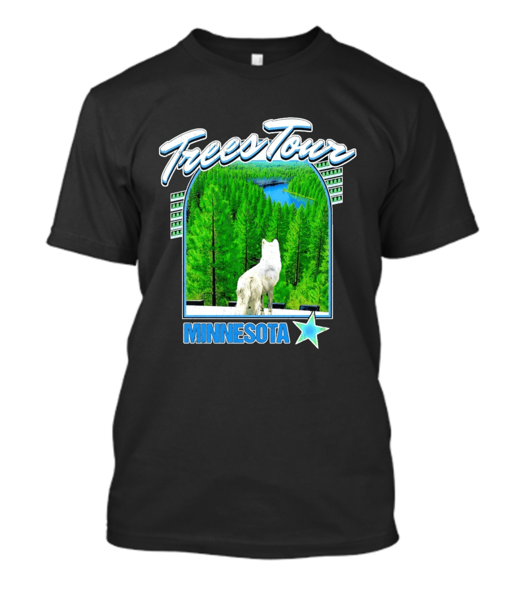 Frees Tour Minnesota Timberwolves Forest Wolf Lake Scenery T-Shirt