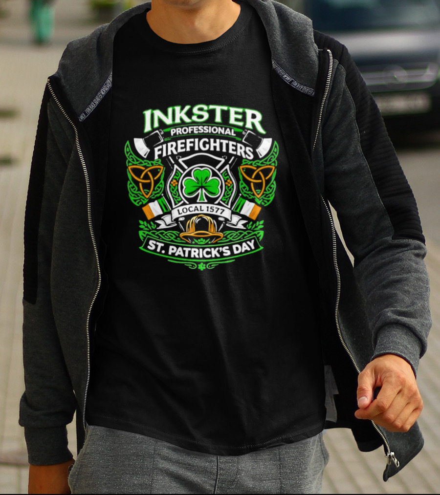Inkster Professional Firefighters 2026 St Patrick's Day Clover And Fire Helmet Irish Flag T-Shirt