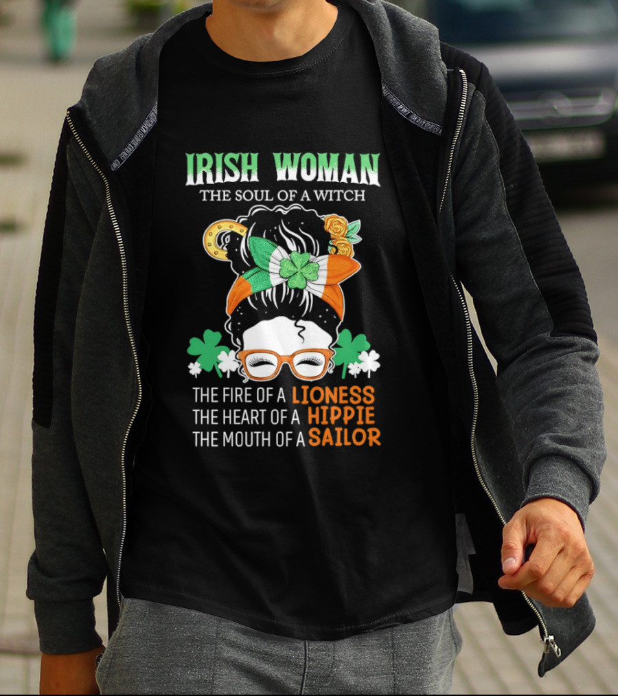 Irish Woman The Soul Of A Witch The Fire Of A Lioness The Heart Of A Hippie The Mouth Of A Sailor Shamrock Glasses Bandana T-Shirt