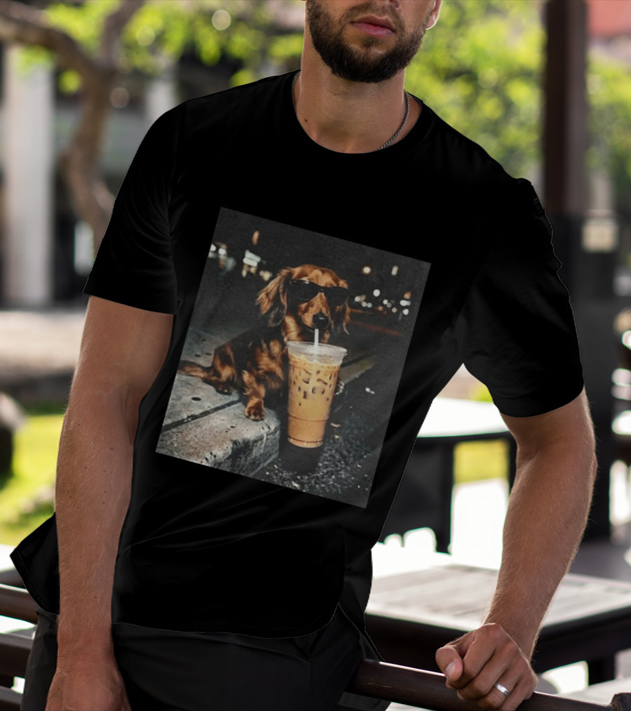 Dachshund Enjoying Iced Coffee With Sunglasses T-Shirt