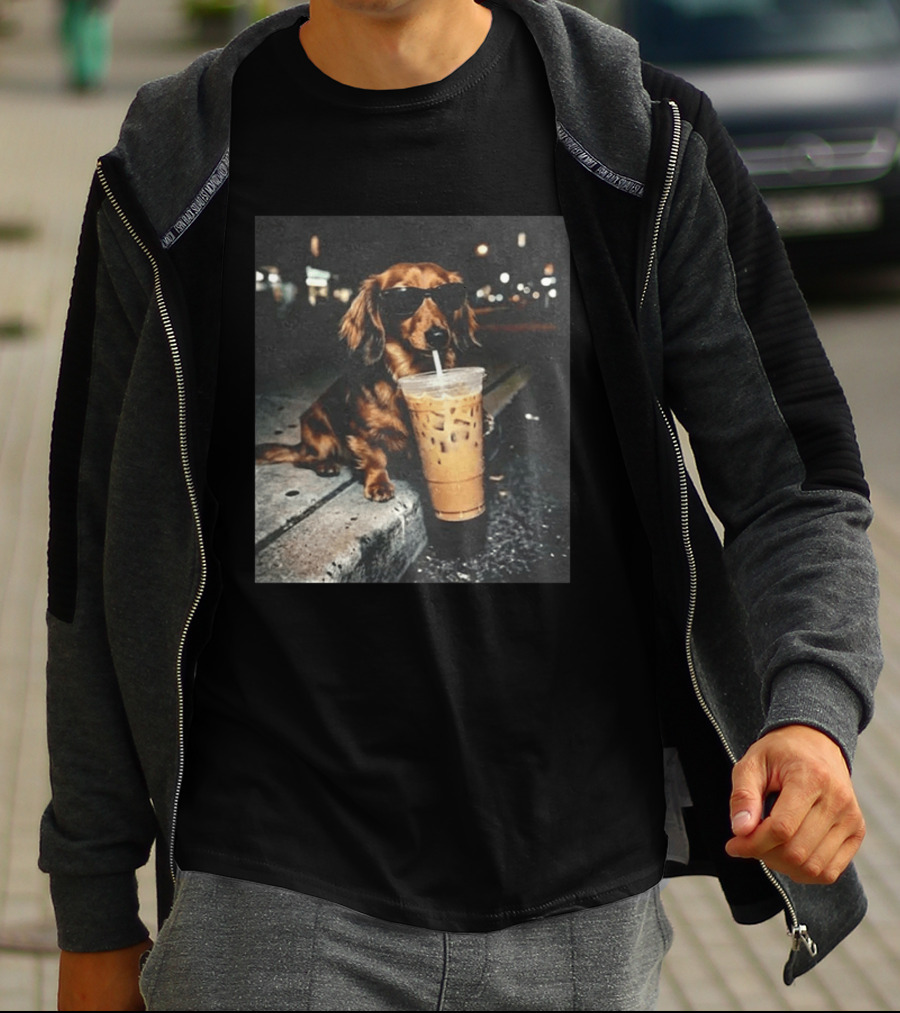 Dachshund Enjoying Iced Coffee With Sunglasses T-Shirt