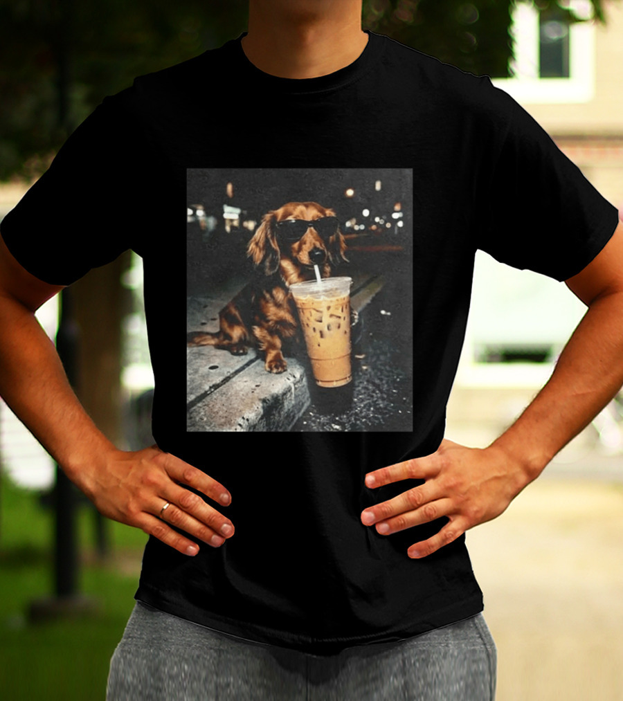 Dachshund Enjoying Iced Coffee With Sunglasses T-Shirt