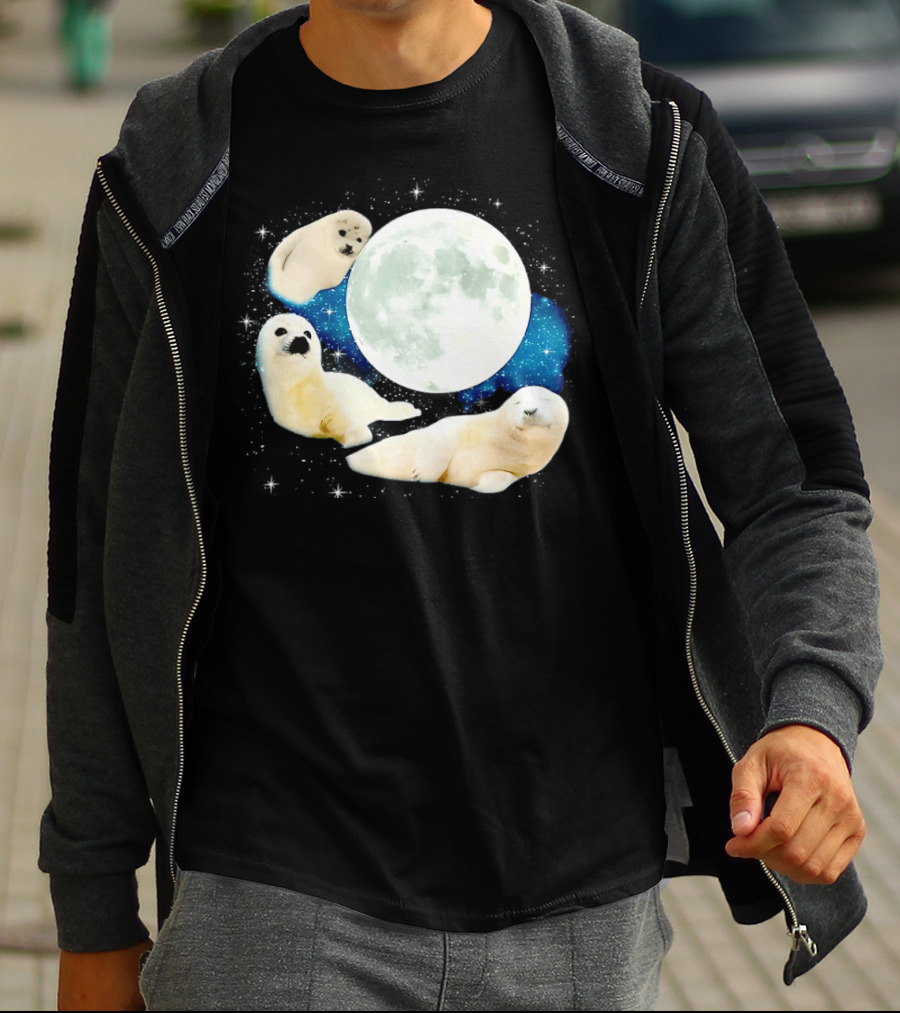 Adorable Seals Playfully Resting Under A Radiant Full Moonlit Sky With Cosmic Backdrop T-Shirt