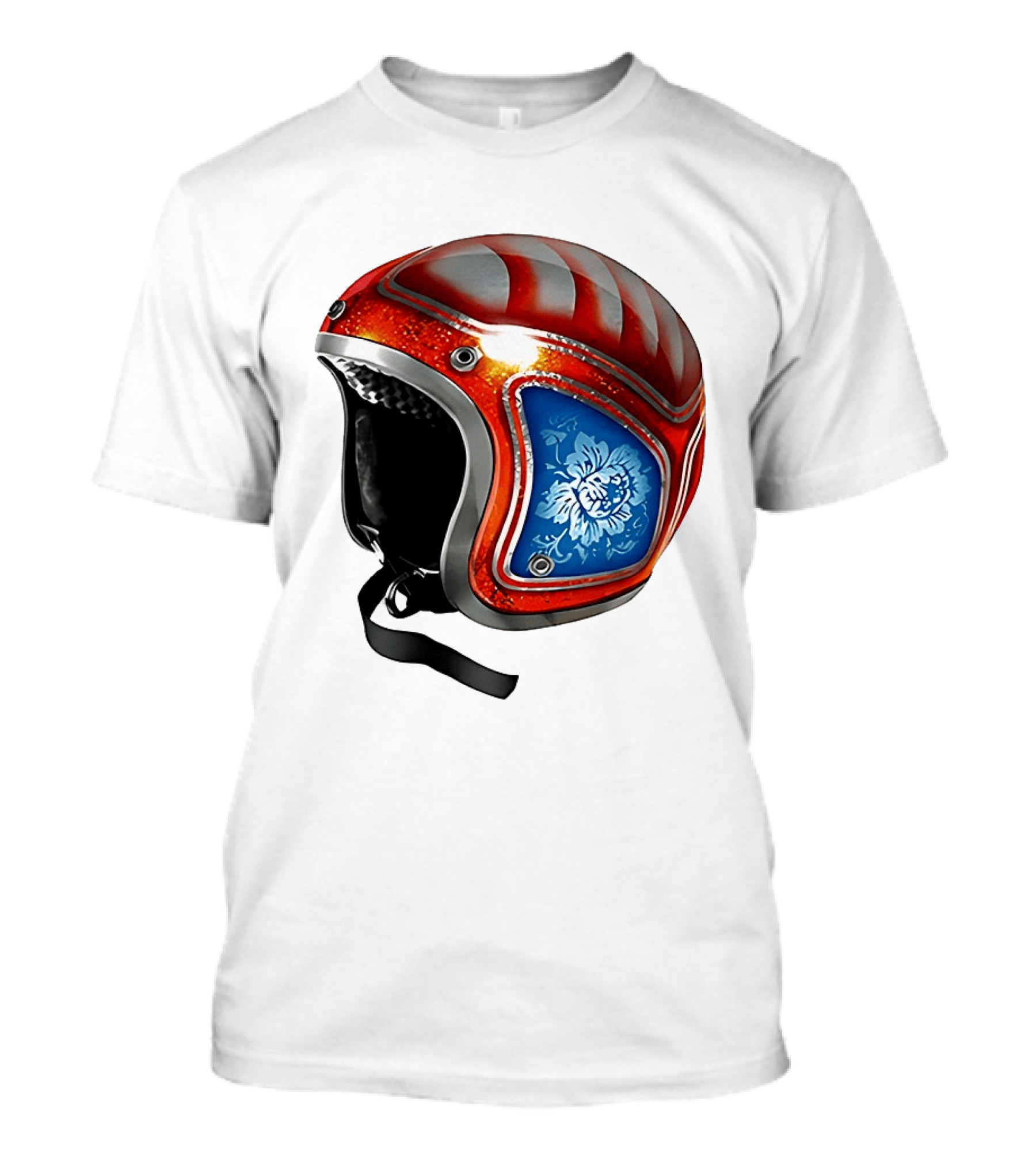 Blue Bloom Racer Helmet Red White Stripes Floral Blossom T-Shirt
