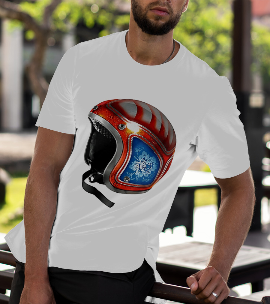 Blue Bloom Racer Helmet Red White Stripes Floral Blossom T-Shirt