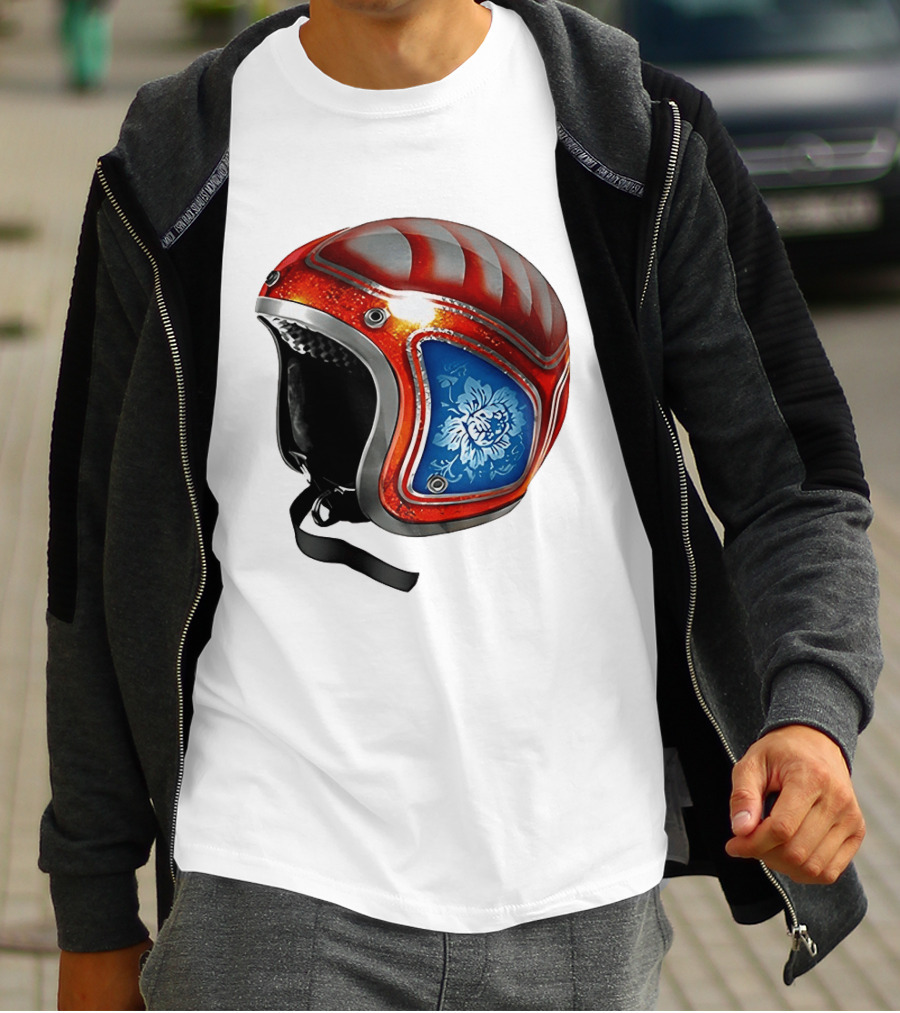 Blue Bloom Racer Helmet Red White Stripes Floral Blossom T-Shirt
