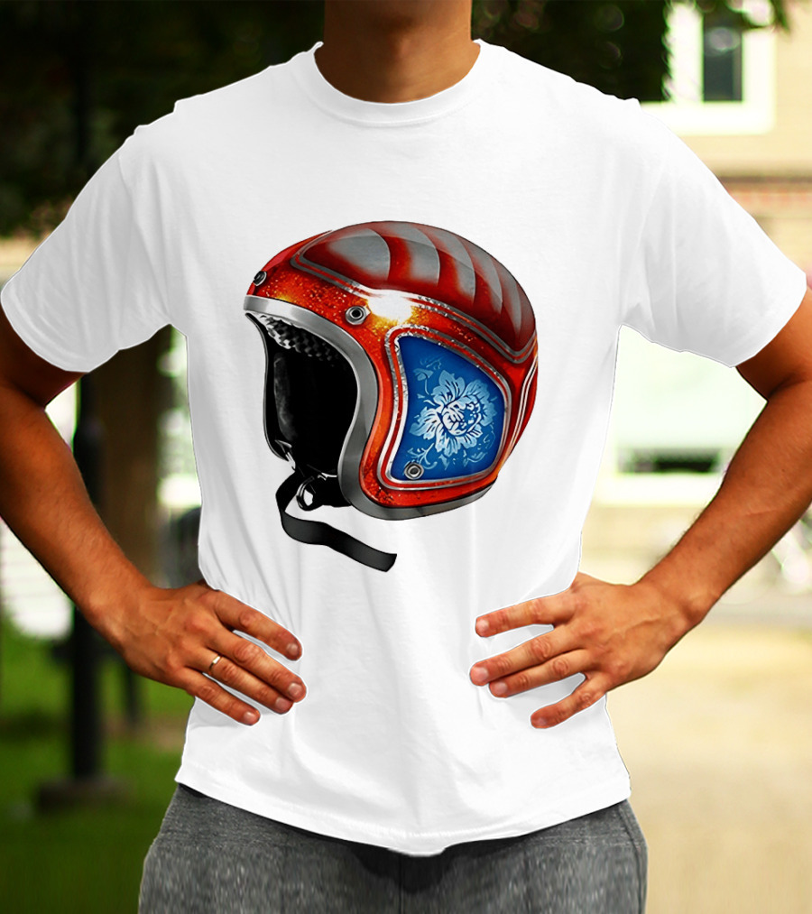 Blue Bloom Racer Helmet Red White Stripes Floral Blossom T-Shirt