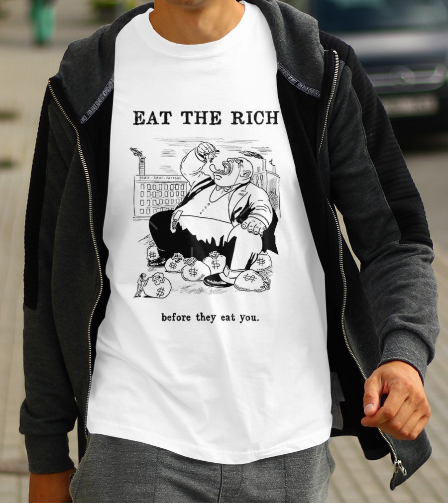 Eat The Rich Before They Eat You Money Bag Cartoon T-Shirt