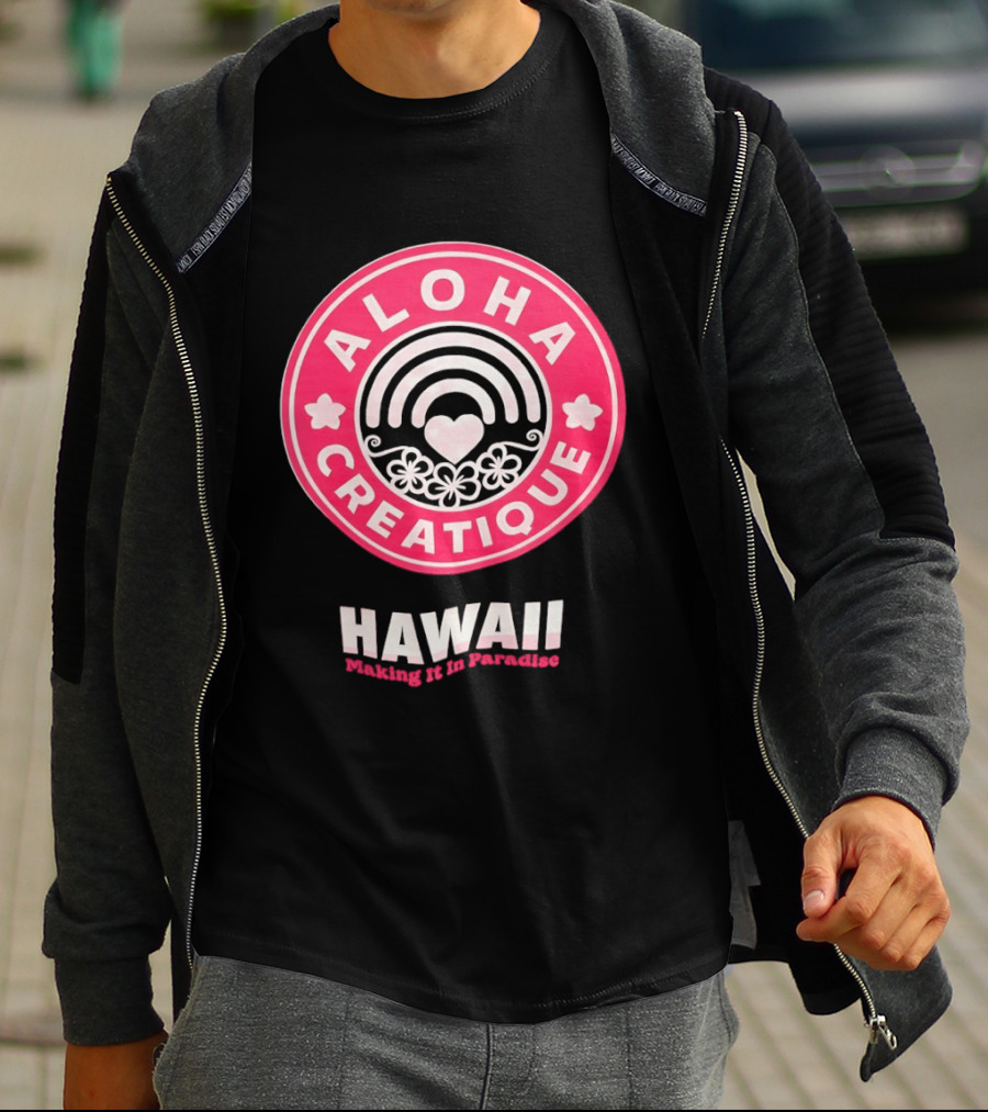 Aloha Creatique Hawaii Making It In Paradise Badge Rainbow Heartflowers T-Shirt