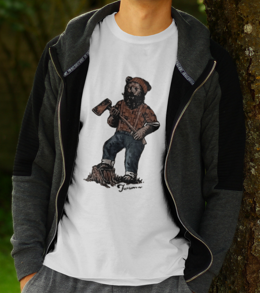 Lumberjack Bear Holding Axe Plaid Denim Jeans Beanie T-Shirt