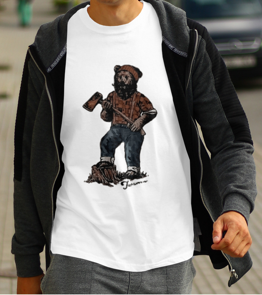 Lumberjack Bear Holding Axe Plaid Denim Jeans Beanie T-Shirt