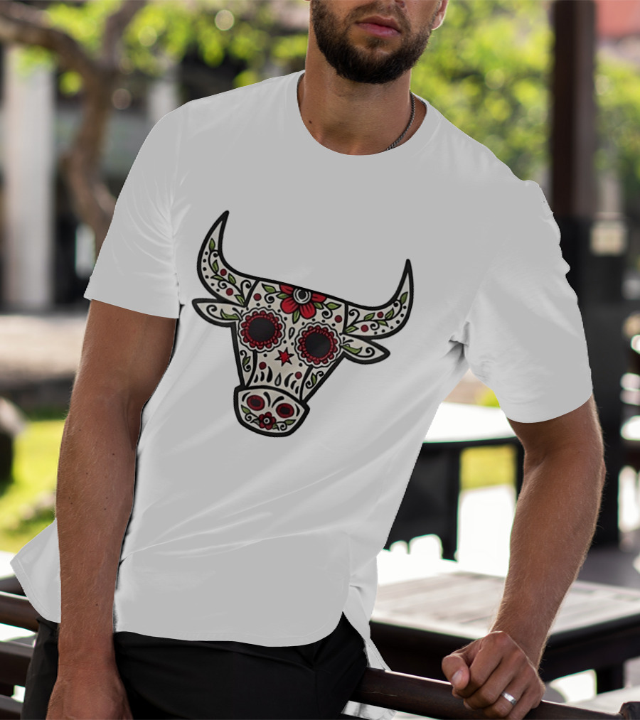 Sacred Bull Sugar Skull Floral Motif T-Shirt