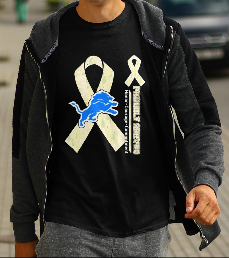 Detroit Lions Camo Ribbon Proudly Served Honor Courage Commitment T-Shirt