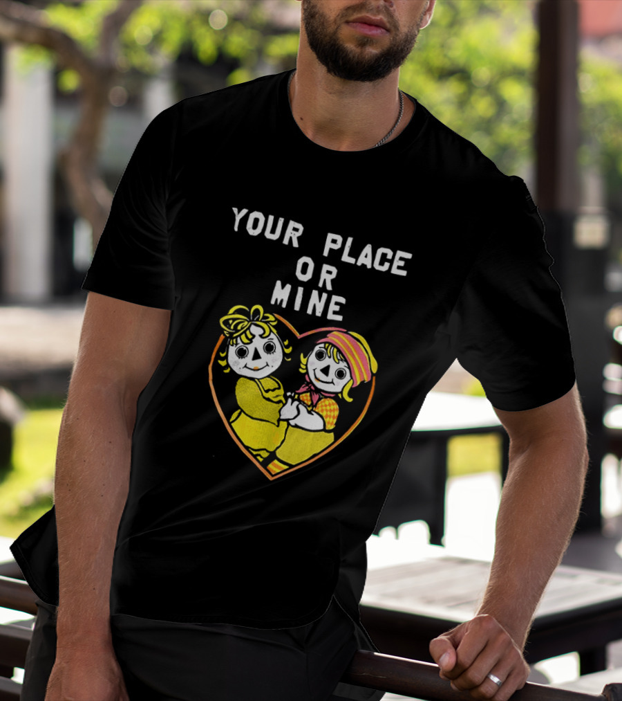 Your Place Or Mine Romantic Cartoon Couple In Heart T-Shirt