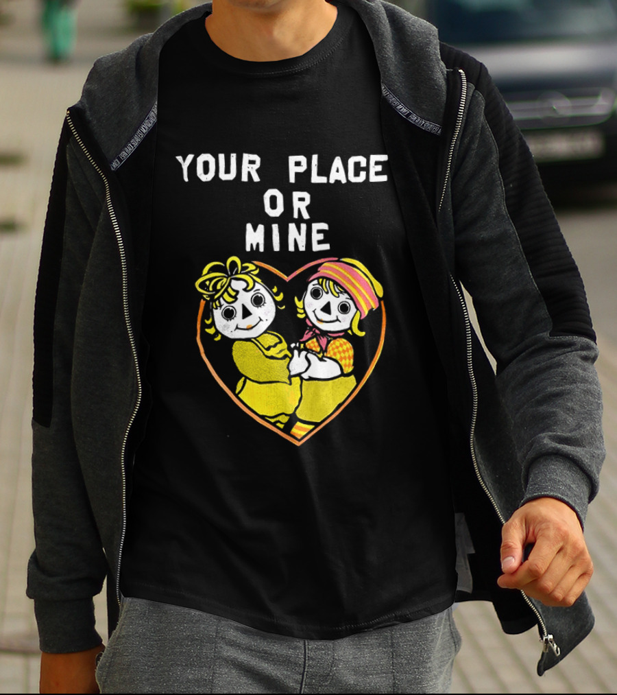 Your Place Or Mine Romantic Cartoon Couple In Heart T-Shirt
