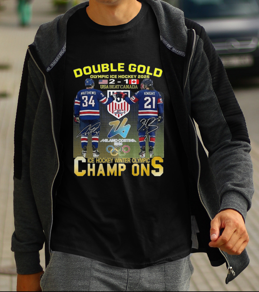 Double Gold Ice Hockey Winter Olympic Champions USA 2 1 Canada Matthews Knight 2026 Milano Cortina T-Shirt