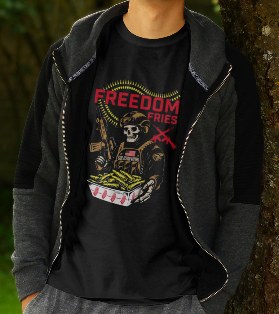 Freedom Fries Military Skeleton With USA Flag And Rifle T-Shirt