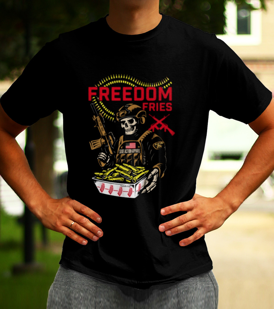 Freedom Fries Military Skeleton With USA Flag And Rifle T-Shirt
