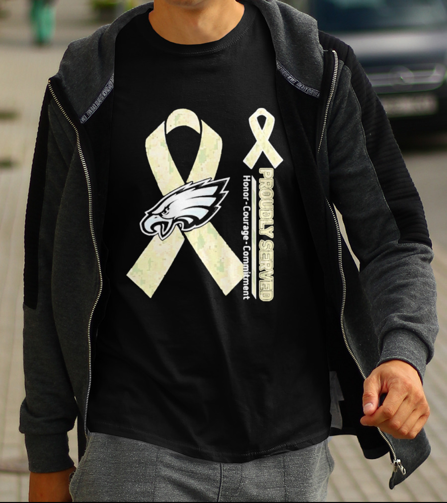Philadelphia Eagles Proudly Served Camo Ribbon Honor Courage Commitment T-Shirt