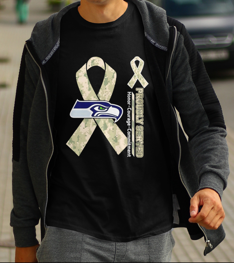 Seattle Seahawks Military Appreciation Proudly Served Honor Courage Commitment Ribbon T-Shirt