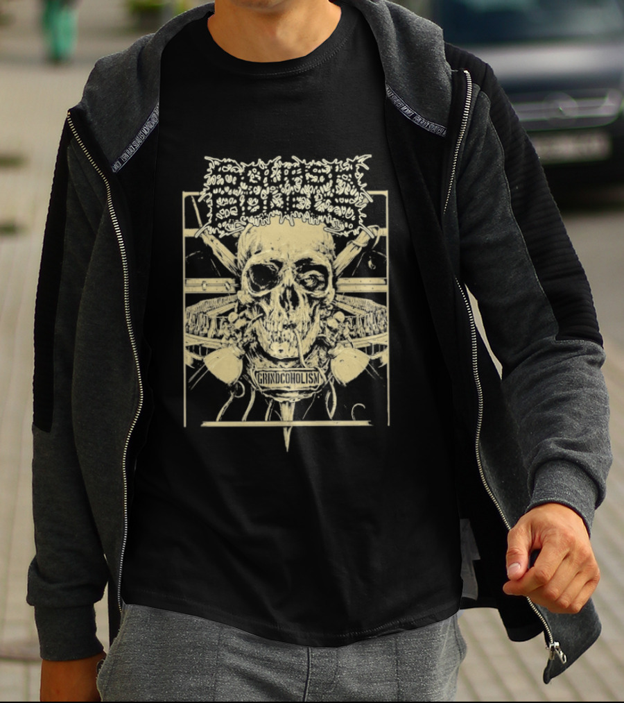 Squash Bowels Grindcoholism Skull With Crossbones And Spine T-Shirt