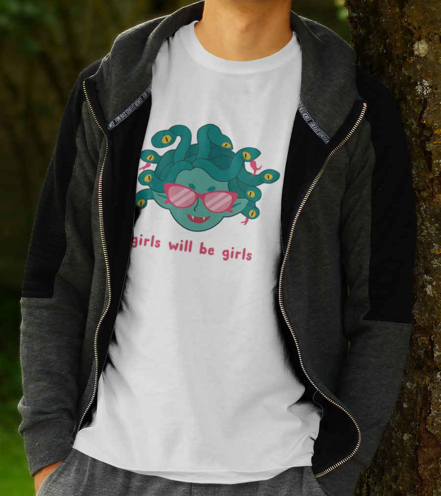 Green Medusa Head Pink Glasses Girls Will Be Girls T-Shirt