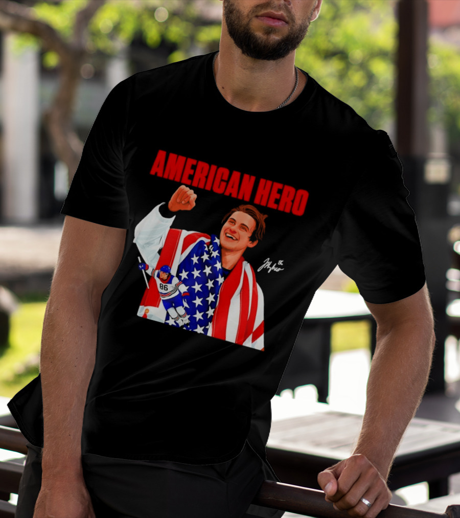 American Hero Jack Hughes USA Flag Hockey T-Shirt