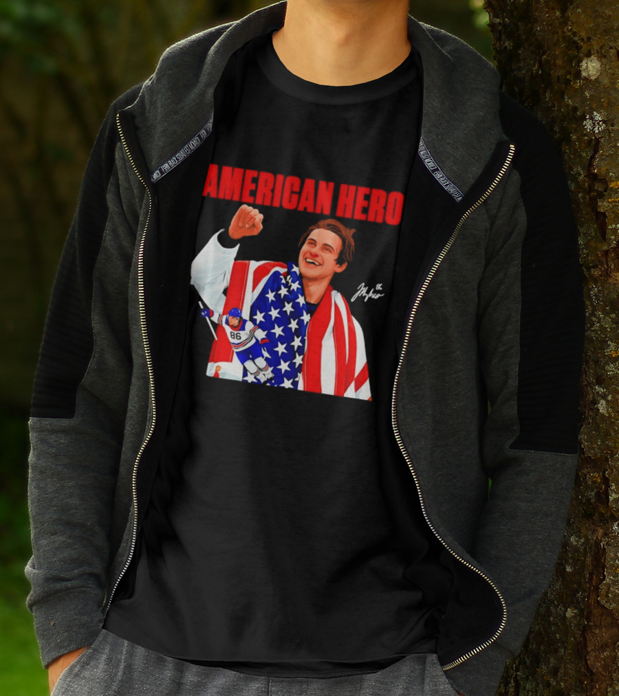 American Hero Jack Hughes USA Flag Hockey T-Shirt