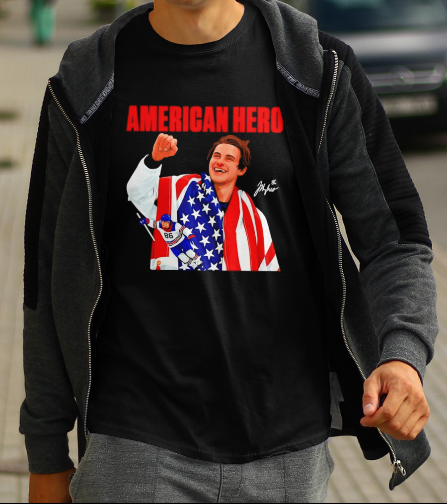 American Hero Jack Hughes USA Flag Hockey T-Shirt