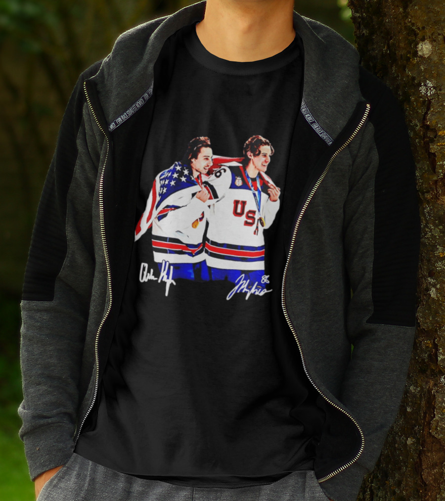USA Hockey Golden Jack Hughes Jack Quinn American Flag Celebration T-Shirt