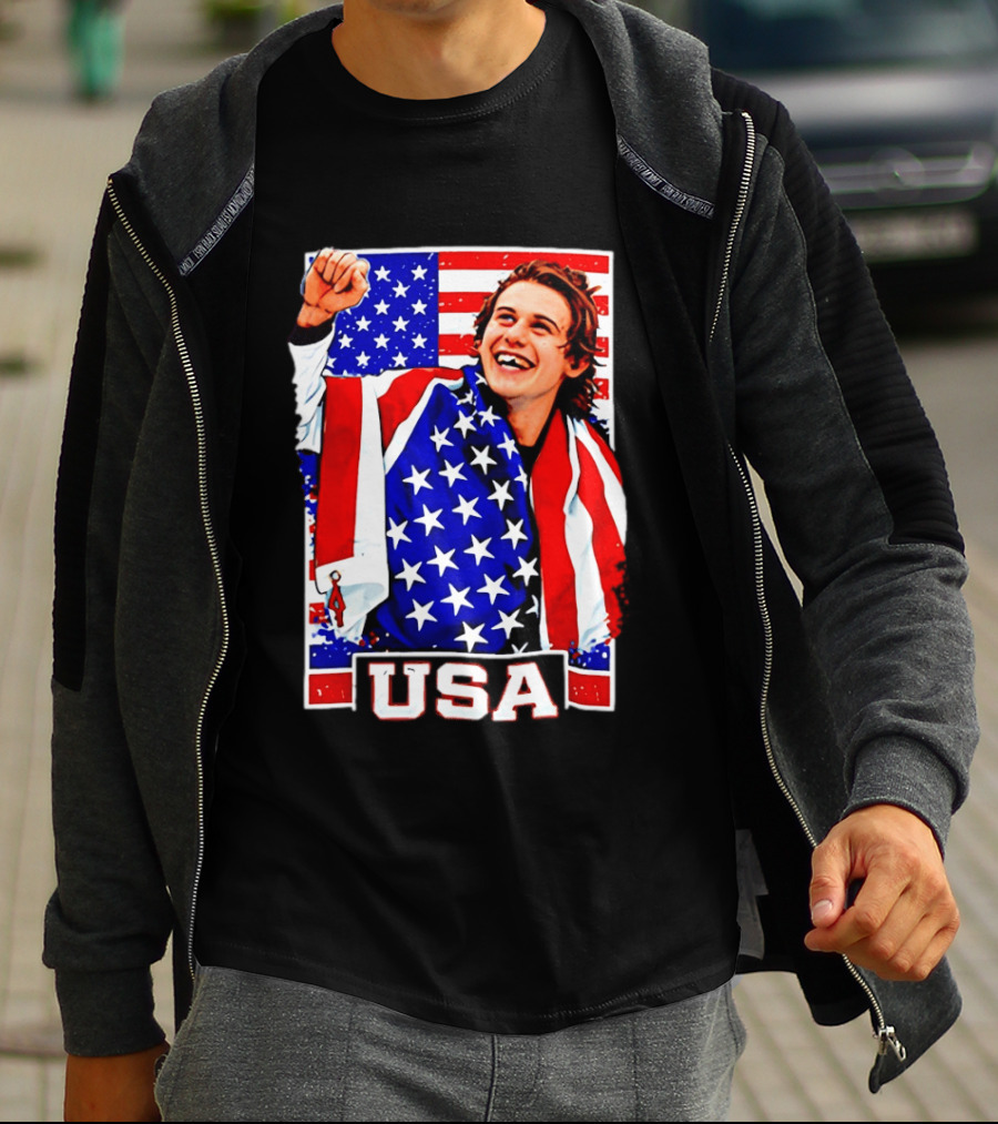 USA Flag Jack Hughes Olympic Hockey 2026 Golden Goal Celebration T-Shirt