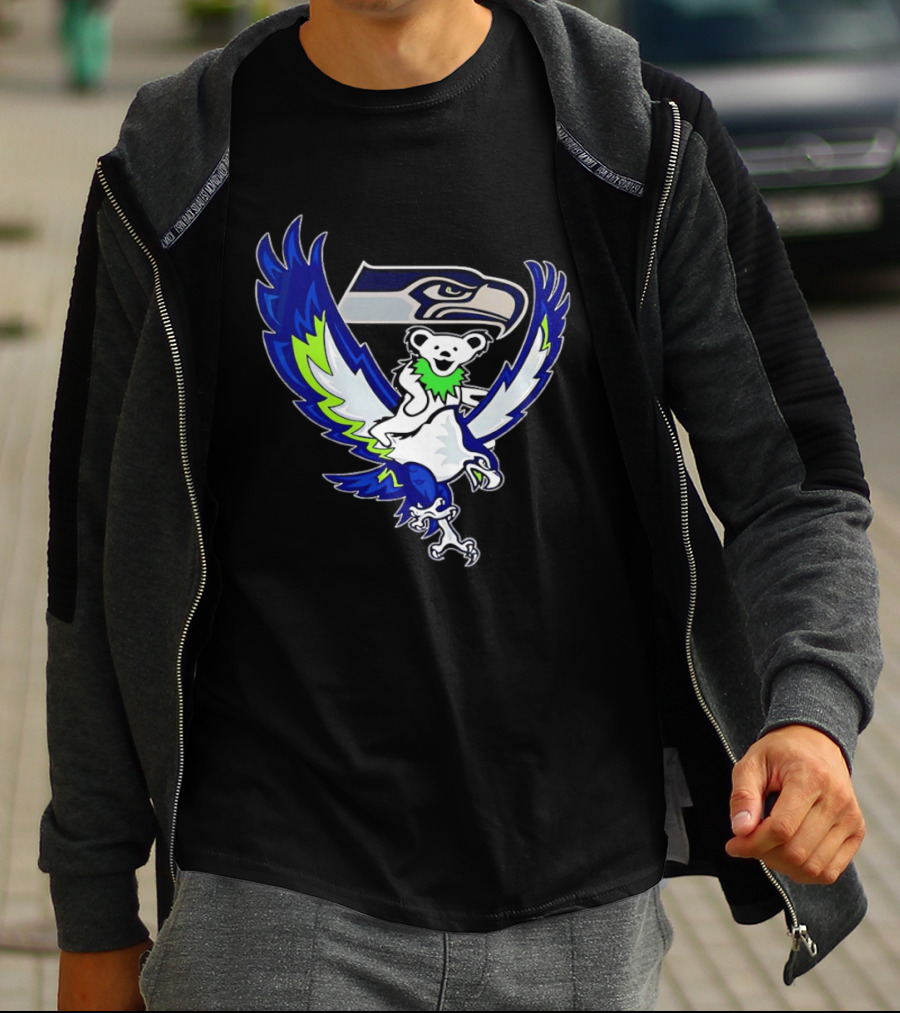 Seattle Seahawks Grateful Dead Bear Riding Seahawk Wings T-Shirt