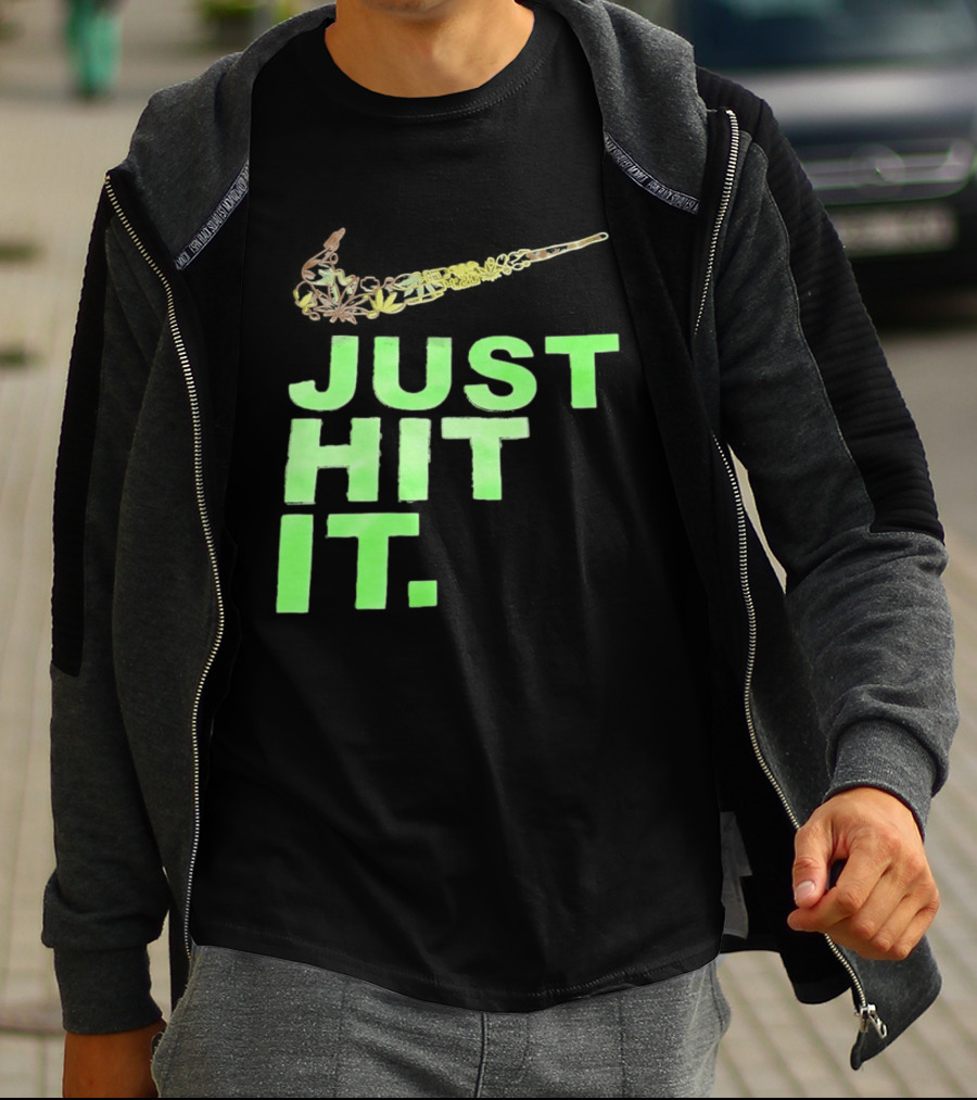 Just Hit It Classic Swoosh Flaming Bat Baseball T-Shirt