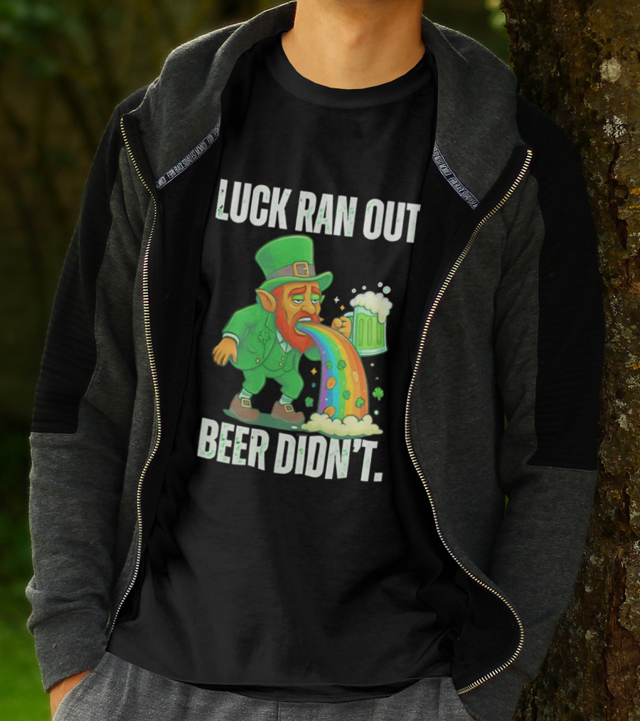 Leprechaun Drinking Beer Vomiting Rainbow Luck Ran Out St. Patrick's Day T-Shirt