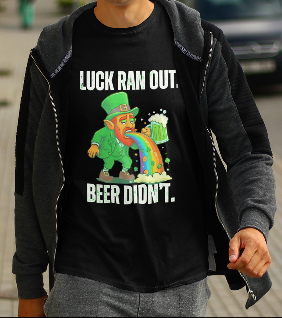 Leprechaun Drinking Beer Vomiting Rainbow Luck Ran Out St. Patrick's Day T-Shirt